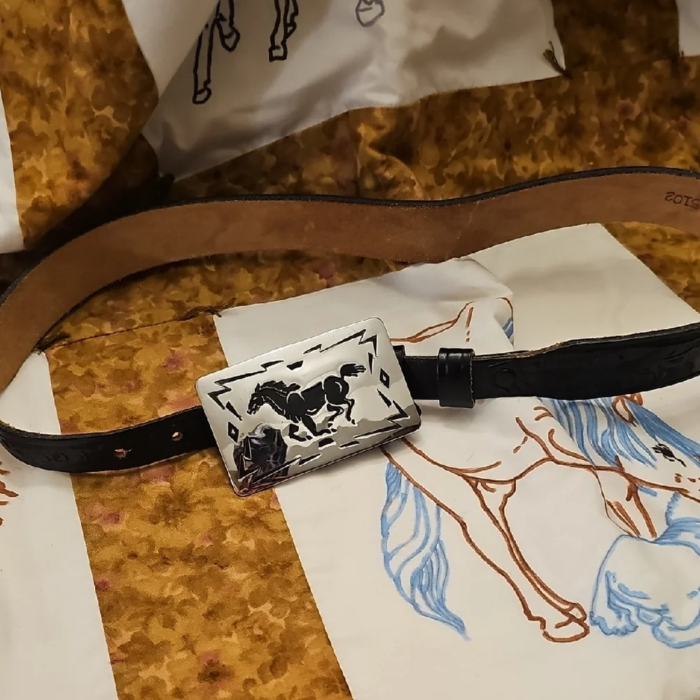 Black 28 Inch Leather Belt with Silver Buckle